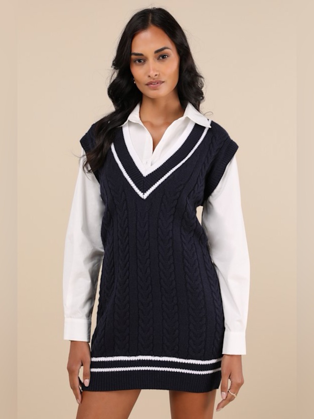 NWT Lulus Classic Darling Navy Collared V-Neck Sweater Mini Dress